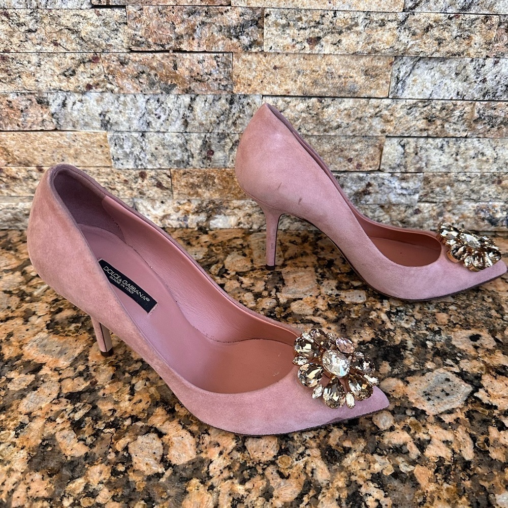 DOLCE & GABBANA Shoes Pink Leather Crystal Heels Pumps Heels - Picture 3 of 14